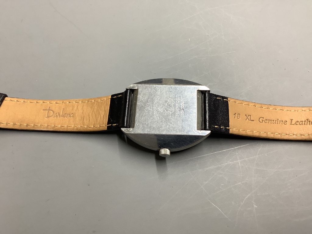 A gentleman's late 1960's stainless steel Omega Cosmic automatic wrist watch, on associated leather strap